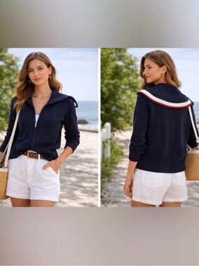 Y2K Tommy Cable Knit Zip Cardigan |Cotton Preppy Americana | Navy Blue Size L